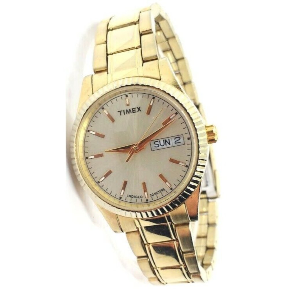 Lovely 2008 Timex Indiglo Day-Date Gold Plated Quartz Men's Watch - New Battery